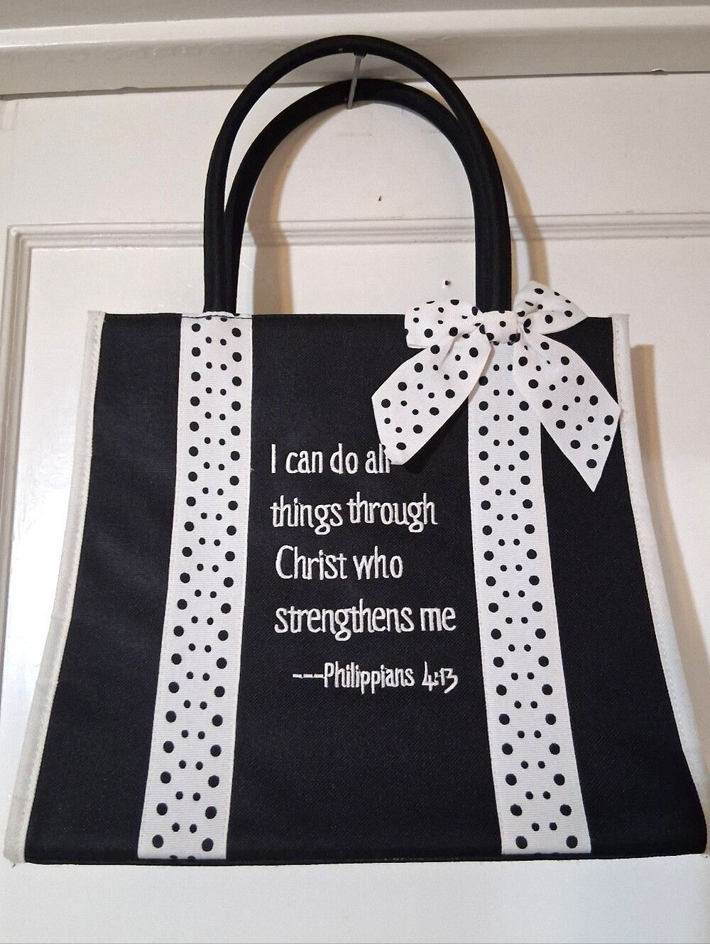 Market Black & White Polka Dot Bow Tote Bag Philippians 4:13 Scripture Verse - Picture 4 of 11